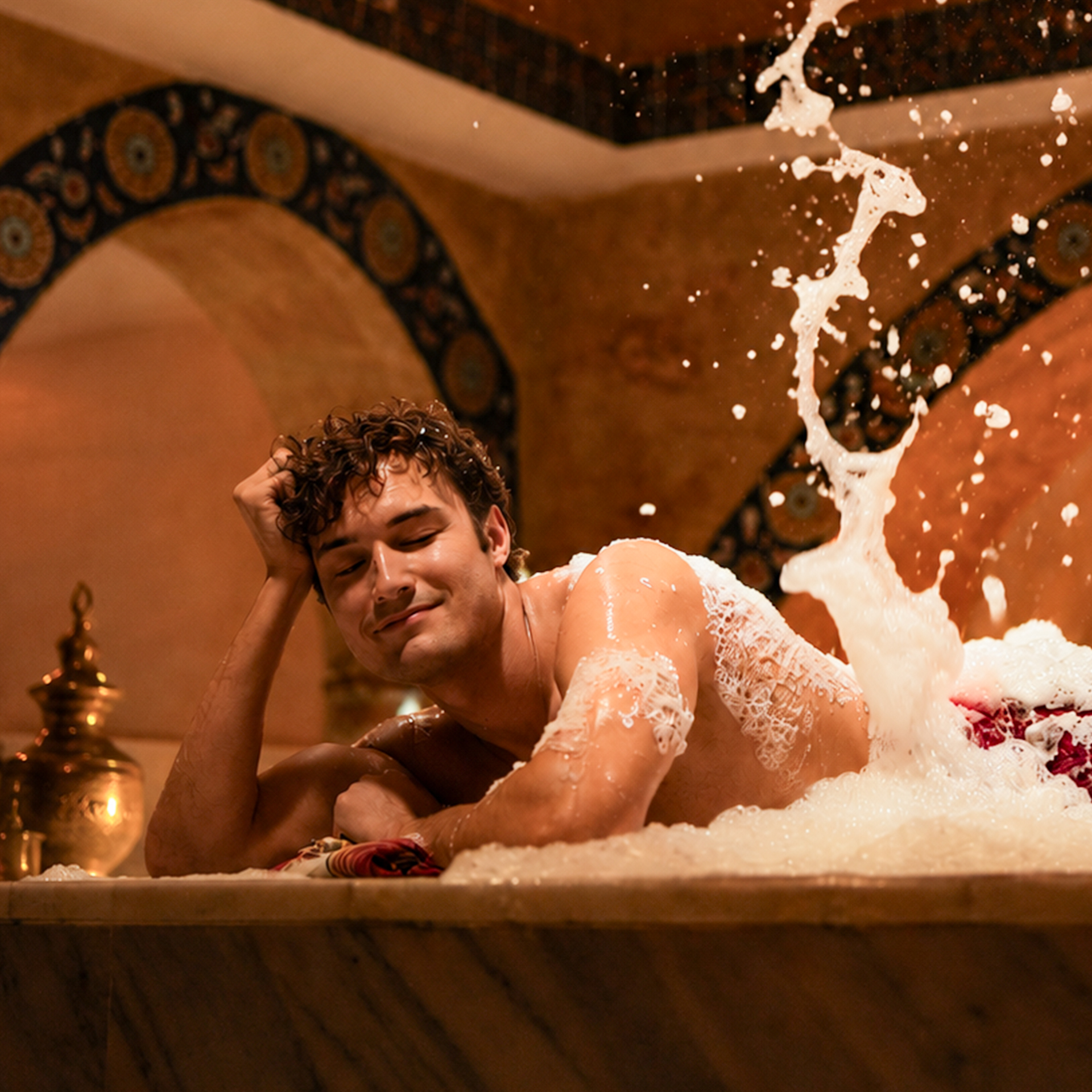 Guest enjoying a traditional foam wash in the warm hammam.
