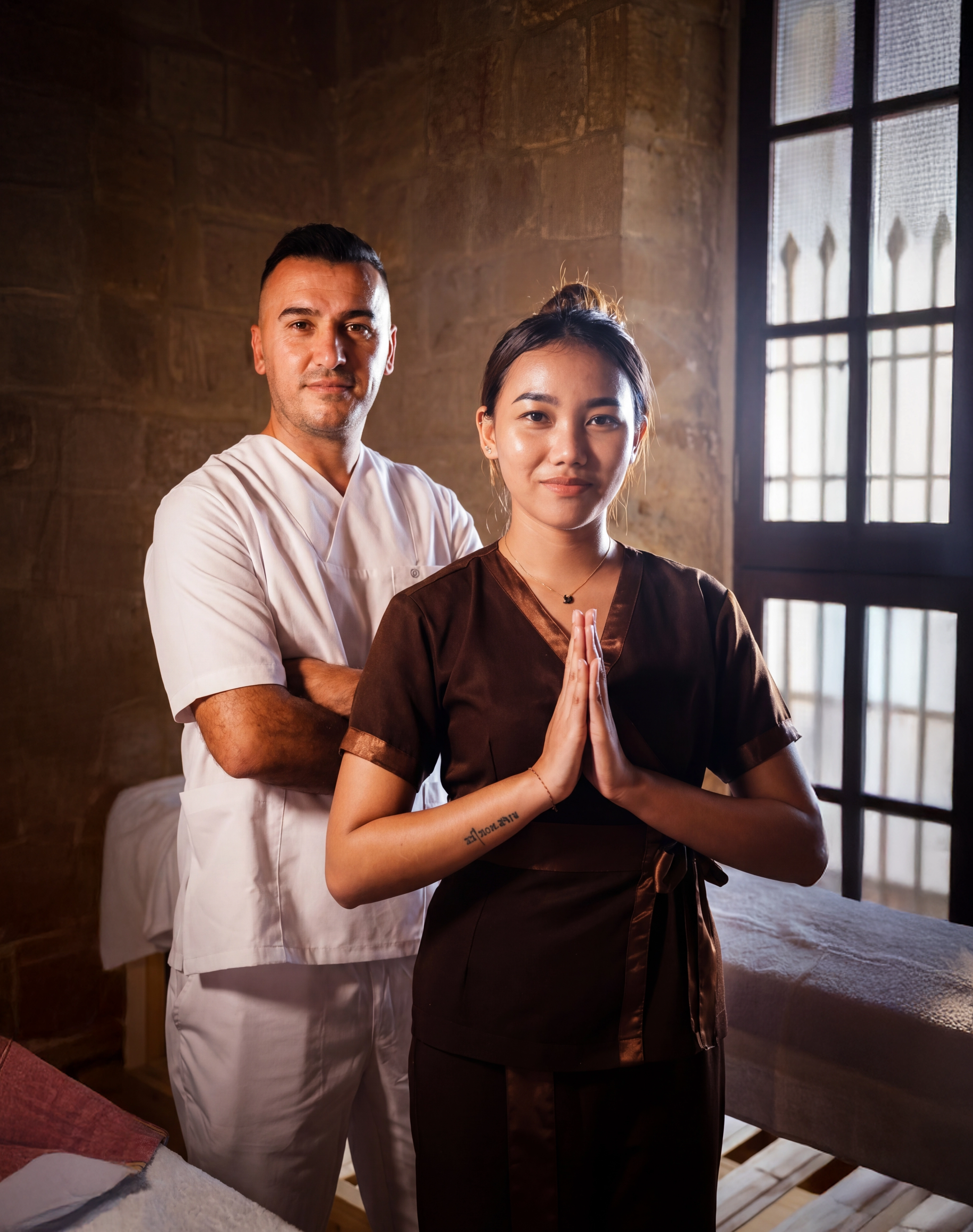 Two members of the Ürgüp Hamam treatment team in the historic stone interior.