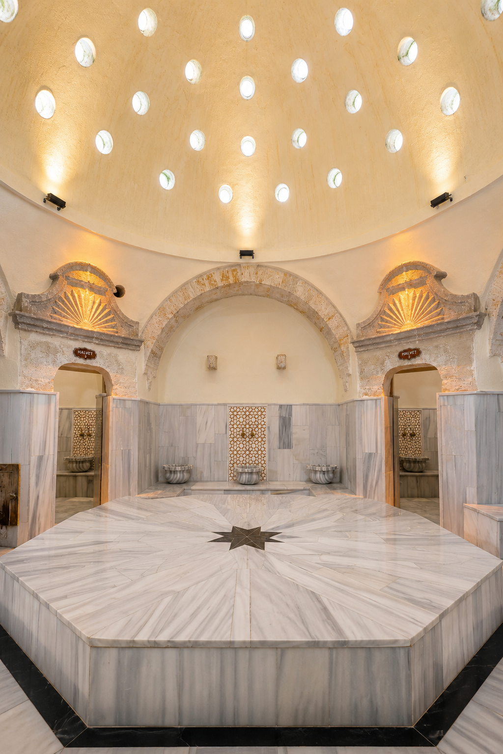 Symmetrical view of the marble hot room and circular dome openings at Ürgüp Hamam.