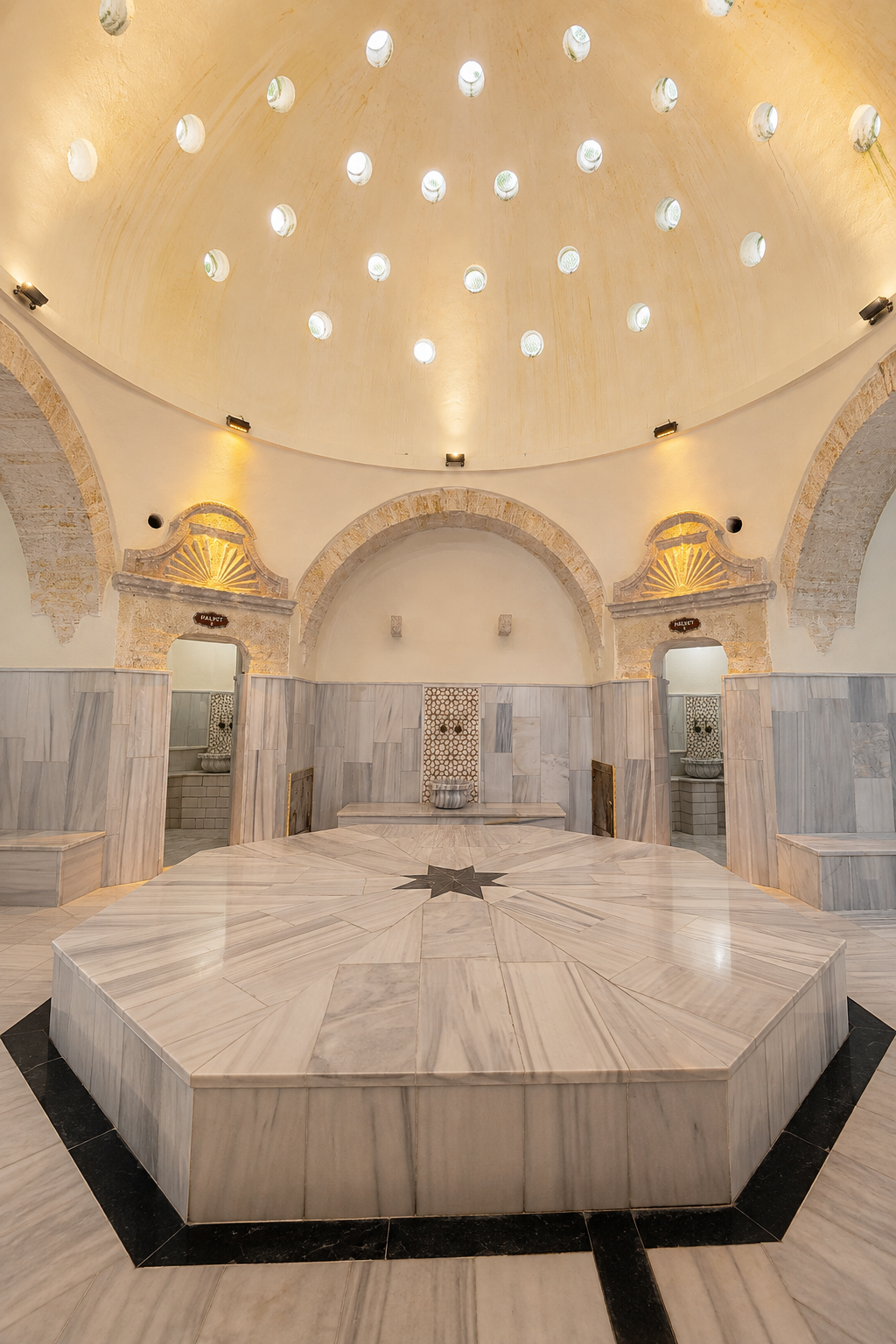 Octagonal heated marble göbek taşı beneath the historic dome of Ürgüp Hamam.