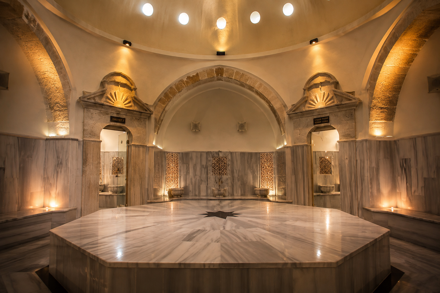 Warm amber lighting across the domed marble hot room of Ürgüp Hamam.